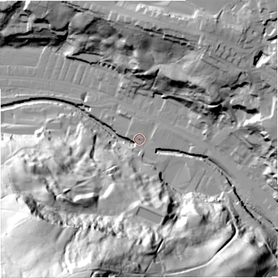 Shaded relief map of the ground around BB47NY, computed from Environment Agency LiDAR. The ground here sits at about 175 m above sea level and falls 121 m across the surrounding 800 m. Surface water reaching this point runs off ground lying to the south-south-west, 106.9 m higher.