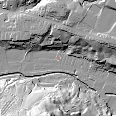 Shaded relief map of the ground around BB47NZ, computed from Environment Agency LiDAR. The ground here sits at about 171 m above sea level and falls 76 m across the surrounding 800 m. Surface water reaching this point runs off ground lying to the east-north-east, 0.8 m higher.