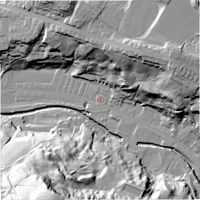 Shaded relief map of the ground around BB47PA, computed from Environment Agency LiDAR. The ground here sits at about 173 m above sea level and falls 94 m across the surrounding 800 m. Surface water reaching this point runs off ground lying to the south, 70.9 m higher.