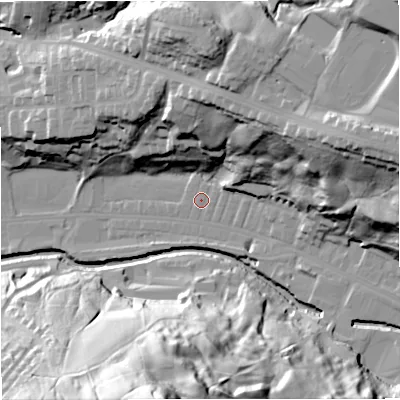 Shaded relief map of the ground around BB47PD, computed from Environment Agency LiDAR. The ground here sits at about 171 m above sea level and falls 76 m across the surrounding 800 m. Surface water reaching this point runs off ground lying to the east-north-east, 0.9 m higher.