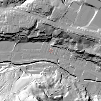 Shaded relief map of the ground around BB47PF, computed from Environment Agency LiDAR. The ground here sits at about 172 m above sea level and falls 81 m across the surrounding 800 m. Surface water reaching this point runs off ground lying to the north-east, 33.8 m higher.