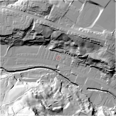 Shaded relief map of the ground around BB47PG, computed from Environment Agency LiDAR. The ground here sits at about 173 m above sea level and falls 88 m across the surrounding 800 m. Surface water reaching this point runs off ground lying to the north-east, 36.5 m higher.
