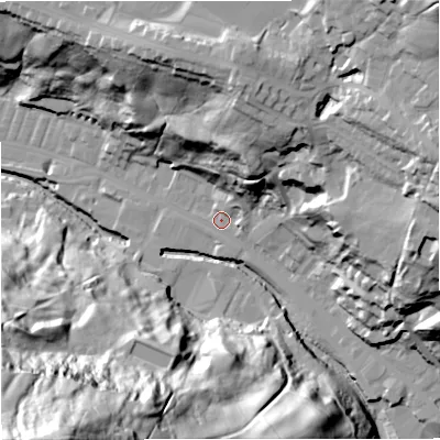 Shaded relief map of the ground around BB47PH, computed from Environment Agency LiDAR. The ground here sits at about 177 m above sea level and falls 116 m across the surrounding 800 m. Surface water reaching this point runs off ground lying to the north-east, 58.0 m higher.