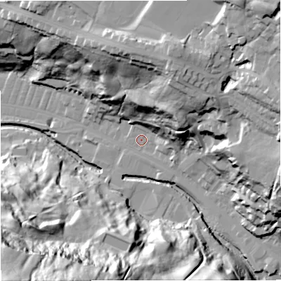 Shaded relief map of the ground around BB47PJ, computed from Environment Agency LiDAR. The ground here sits at about 176 m above sea level and falls 101 m across the surrounding 800 m. Surface water reaching this point runs off ground lying to the east-north-east, 26.3 m higher.
