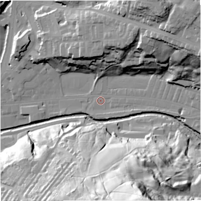 Shaded relief map of the ground around BB47PL, computed from Environment Agency LiDAR. The ground here sits at about 169 m above sea level and falls 94 m across the surrounding 800 m. Surface water reaching this point runs off ground lying to the east-north-east, 36.5 m higher.