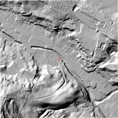 Shaded relief map of the ground around BB47PP, computed from Environment Agency LiDAR. The ground here sits at about 177 m above sea level and falls 141 m across the surrounding 800 m. Surface water reaching this point runs off ground lying to the south-west, 135.6 m higher.