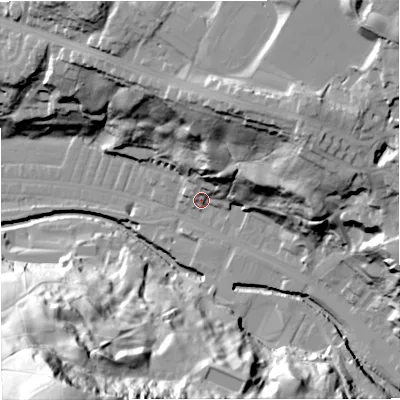 Shaded relief map of the ground around BB47PQ, computed from Environment Agency LiDAR. The ground here sits at about 176 m above sea level and falls 93 m across the surrounding 800 m. Surface water reaching this point runs off ground lying to the east-north-east, 39.6 m higher.