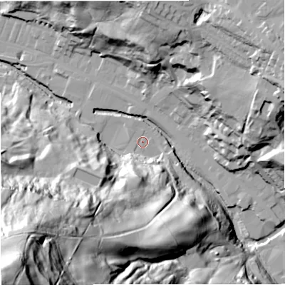 Shaded relief map of the ground around BB47PT, computed from Environment Agency LiDAR. The ground here sits at about 177 m above sea level and falls 152 m across the surrounding 800 m. Surface water reaching this point runs off ground lying to the south, 30.3 m higher.