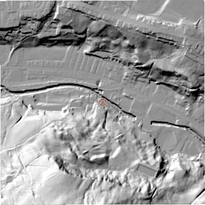 Shaded relief map of the ground around BB47PY, computed from Environment Agency LiDAR. The ground here sits at about 173 m above sea level and falls 109 m across the surrounding 800 m. Surface water reaching this point runs off ground lying to the south, 105.4 m higher.