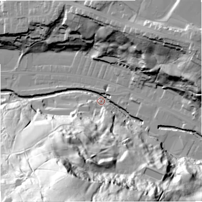 Shaded relief map of the ground around BB47QA, computed from Environment Agency LiDAR. The ground here sits at about 172 m above sea level and falls 104 m across the surrounding 800 m. Surface water reaching this point runs off ground lying to the south-south-west, 99.7 m higher.