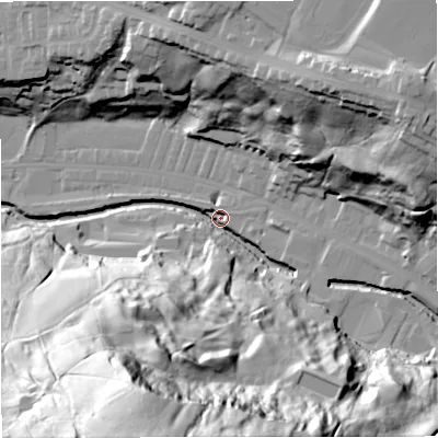 Shaded relief map of the ground around BB47QB, computed from Environment Agency LiDAR. The ground here sits at about 172 m above sea level and falls 101 m across the surrounding 800 m. Surface water reaching this point runs off ground lying to the south-south-west, 96.8 m higher.