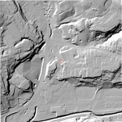 Shaded relief map of the ground around BB47QN, computed from Environment Agency LiDAR. The ground here sits at about 175 m above sea level and falls 49 m across the surrounding 800 m. Surface water reaching this point runs off ground lying to the east-south-east, 8.3 m higher.