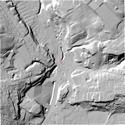 Shaded relief map of the ground around BB47QU, computed from Environment Agency LiDAR. The ground here sits at about 172 m above sea level and falls 54 m across the surrounding 800 m. Surface water reaching this point runs off ground lying to the north-east, 45.7 m higher.
