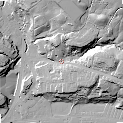 Shaded relief map of the ground around BB47QX, computed from Environment Agency LiDAR. The ground here sits at about 183 m above sea level and falls 62 m across the surrounding 800 m. Surface water reaching this point runs off ground lying to the north-east, 42.7 m higher.