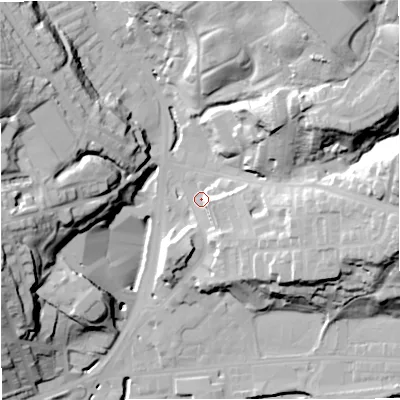 Shaded relief map of the ground around BB47QZ, computed from Environment Agency LiDAR. The ground here sits at about 173 m above sea level and falls 50 m across the surrounding 800 m. Surface water reaching this point runs off ground lying to the south-east, 10.2 m higher.