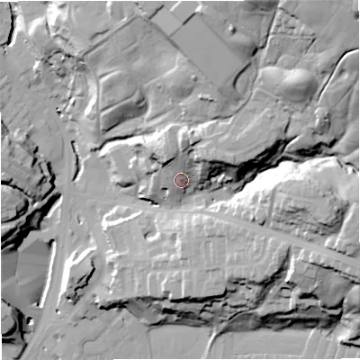 Shaded relief map of the ground around BB47RF, computed from Environment Agency LiDAR. The ground here sits at about 190 m above sea level and falls 64 m across the surrounding 800 m. Surface water reaching this point runs off ground lying to the north-east, 15.8 m higher.