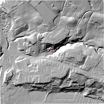 Shaded relief map of the ground around BB47RG, computed from Environment Agency LiDAR. The ground here sits at about 186 m above sea level and falls 64 m across the surrounding 800 m. Surface water reaching this point runs off ground lying to the north-east, 48.0 m higher.