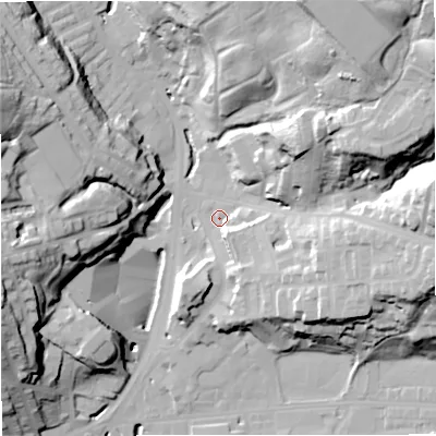 Shaded relief map of the ground around BB47RP, computed from Environment Agency LiDAR. The ground here sits at about 173 m above sea level and falls 50 m across the surrounding 800 m. Surface water reaching this point runs off ground lying to the east, 23.5 m higher.