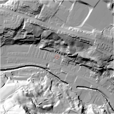 Shaded relief map of the ground around BB47UL, computed from Environment Agency LiDAR. The ground here sits at about 174 m above sea level and falls 87 m across the surrounding 800 m. Surface water reaching this point runs off ground lying to the north-east, 36.1 m higher.