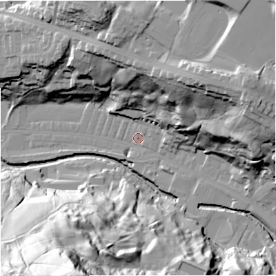 Shaded relief map of the ground around BB47UQ, computed from Environment Agency LiDAR. The ground here sits at about 173 m above sea level and falls 92 m across the surrounding 800 m. Surface water reaching this point runs off ground lying to the south, 48.8 m higher.