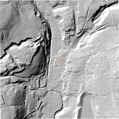 Shaded relief map of the ground around BB48AA, computed from Environment Agency LiDAR. The ground here sits at about 212 m above sea level and falls 88 m across the surrounding 800 m. Surface water reaching this point runs off ground lying to the north-north-east, 4.1 m higher.