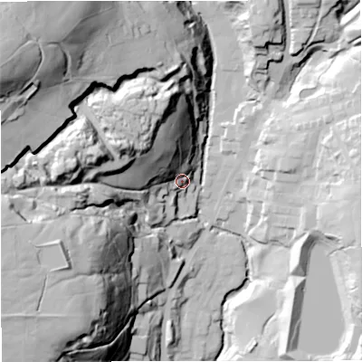 Shaded relief map of the ground around BB48AD, computed from Environment Agency LiDAR. The ground here sits at about 215 m above sea level and falls 104 m across the surrounding 800 m. Surface water reaching this point runs off ground lying to the north-west, 45.0 m higher.