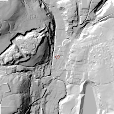 Shaded relief map of the ground around BB48AG, computed from Environment Agency LiDAR. The ground here sits at about 208 m above sea level and falls 95 m across the surrounding 800 m. Surface water reaching this point runs off ground lying to the north-east, 6.3 m higher.