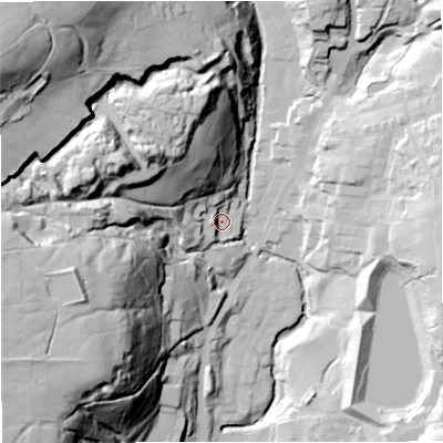 Shaded relief map of the ground around BB48AR, computed from Environment Agency LiDAR. The ground here sits at about 210 m above sea level and falls 106 m across the surrounding 800 m. Surface water reaching this point runs off ground lying to the west-north-west, 67.0 m higher.