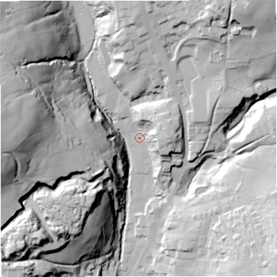 Shaded relief map of the ground around BB48BA, computed from Environment Agency LiDAR. The ground here sits at about 212 m above sea level and falls 86 m across the surrounding 800 m. Surface water reaching this point runs off ground lying to the east-north-east, 25.4 m higher.