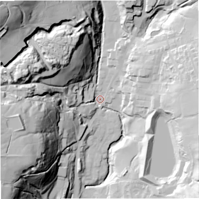 Shaded relief map of the ground around BB48DR, computed from Environment Agency LiDAR. The ground here sits at about 206 m above sea level and falls 100 m across the surrounding 800 m. Surface water reaching this point runs off ground lying to the north-west, 92.2 m higher.