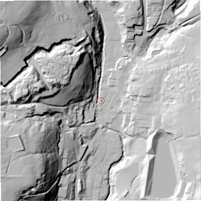 Shaded relief map of the ground around BB48DS, computed from Environment Agency LiDAR. The ground here sits at about 207 m above sea level and falls 98 m across the surrounding 800 m. Surface water reaching this point runs off ground lying to the north-west, 90.8 m higher.