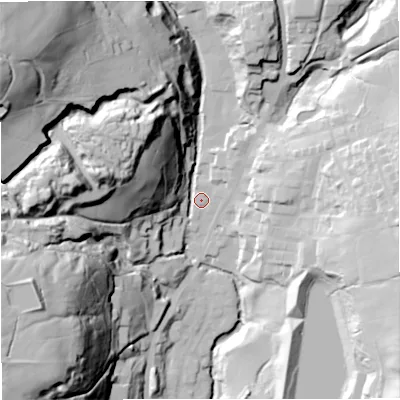 Shaded relief map of the ground around BB48DT, computed from Environment Agency LiDAR. The ground here sits at about 207 m above sea level and falls 97 m across the surrounding 800 m. Surface water reaching this point runs off ground lying to the north-west, 89.7 m higher.