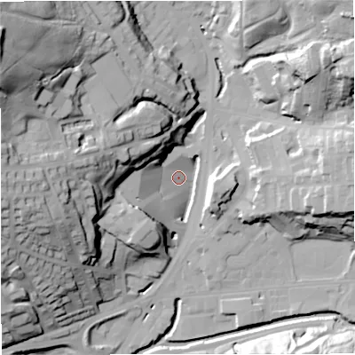 Shaded relief map of the ground around BB48EE, computed from Environment Agency LiDAR. The ground here sits at about 169 m above sea level and falls 64 m across the surrounding 800 m. Surface water reaching this point runs off ground lying to the west, 43.1 m higher.
