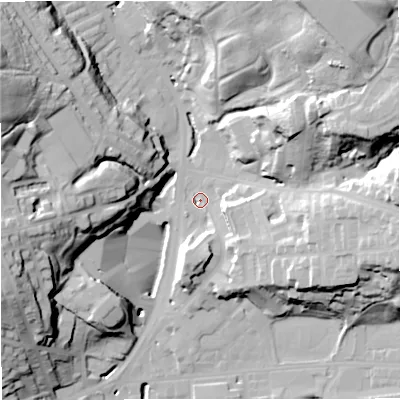Shaded relief map of the ground around BB48EG, computed from Environment Agency LiDAR. The ground here sits at about 173 m above sea level and falls 50 m across the surrounding 800 m. Surface water reaching this point runs off ground lying to the east, 22.4 m higher.