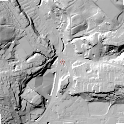 Shaded relief map of the ground around BB48EJ, computed from Environment Agency LiDAR. The ground here sits at about 172 m above sea level and falls 52 m across the surrounding 800 m. Surface water reaching this point runs off ground lying to the north-east, 44.3 m higher.