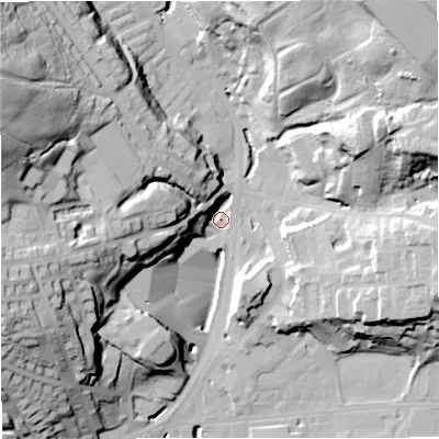 Shaded relief map of the ground around BB48EL, computed from Environment Agency LiDAR. The ground here sits at about 170 m above sea level and falls 54 m across the surrounding 800 m. Surface water reaching this point runs off ground lying to the west-south-west, 19.1 m higher.