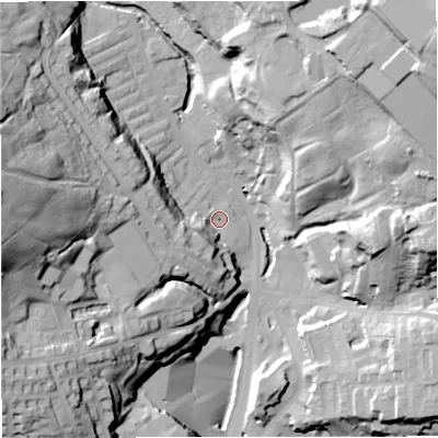 Shaded relief map of the ground around BB48EU, computed from Environment Agency LiDAR. The ground here sits at about 174 m above sea level and falls 56 m across the surrounding 800 m. Surface water reaching this point runs off ground lying to the west, 46.7 m higher.