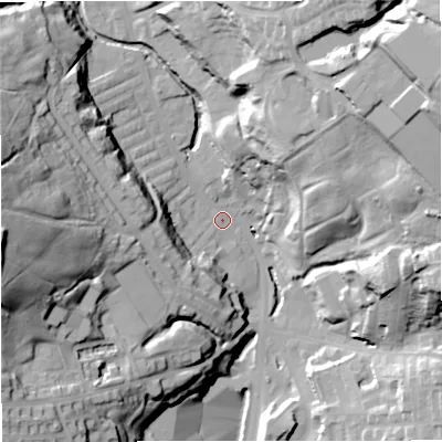 Shaded relief map of the ground around BB48EW, computed from Environment Agency LiDAR. The ground here sits at about 174 m above sea level and falls 60 m across the surrounding 800 m. Surface water reaching this point runs off ground lying to the west, 52.9 m higher.