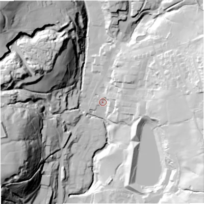 Shaded relief map of the ground around BB48FQ, computed from Environment Agency LiDAR. The ground here sits at about 207 m above sea level and falls 91 m across the surrounding 800 m. Surface water reaching this point runs off ground lying to the east, 54.0 m higher.
