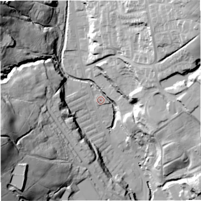 Shaded relief map of the ground around BB48FU, computed from Environment Agency LiDAR. The ground here sits at about 179 m above sea level and falls 72 m across the surrounding 800 m. Surface water reaching this point runs off ground lying to the north-east, 50.0 m higher.