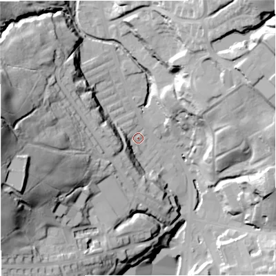 Shaded relief map of the ground around BB48HE, computed from Environment Agency LiDAR. The ground here sits at about 176 m above sea level and falls 71 m across the surrounding 800 m. Surface water reaching this point runs off ground lying to the south-west, 11.3 m higher.