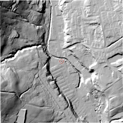 Shaded relief map of the ground around BB48HH, computed from Environment Agency LiDAR. The ground here sits at about 180 m above sea level and falls 83 m across the surrounding 800 m. Surface water reaching this point runs off ground lying to the north-west, 70.6 m higher.