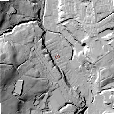 Shaded relief map of the ground around BB48HL, computed from Environment Agency LiDAR. The ground here sits at about 179 m above sea level and falls 82 m across the surrounding 800 m. Surface water reaching this point runs off ground lying to the west, 72.9 m higher.