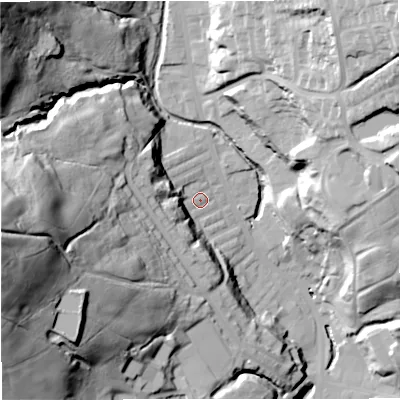 Shaded relief map of the ground around BB48HN, computed from Environment Agency LiDAR. The ground here sits at about 180 m above sea level and falls 84 m across the surrounding 800 m. Surface water reaching this point runs off ground lying to the west, 74.7 m higher.