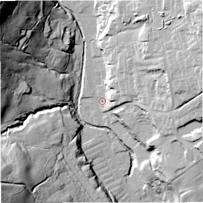 Shaded relief map of the ground around BB48HU, computed from Environment Agency LiDAR. The ground here sits at about 183 m above sea level and falls 99 m across the surrounding 800 m. Surface water reaching this point runs off ground lying to the east-north-east, 31.9 m higher.