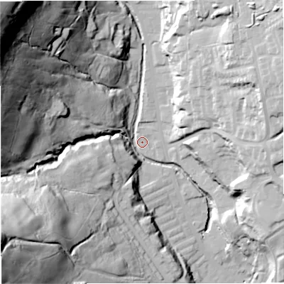 Shaded relief map of the ground around BB48HX, computed from Environment Agency LiDAR. The ground here sits at about 181 m above sea level and falls 112 m across the surrounding 800 m. Surface water reaching this point runs off ground lying to the north-west, 103.2 m higher.