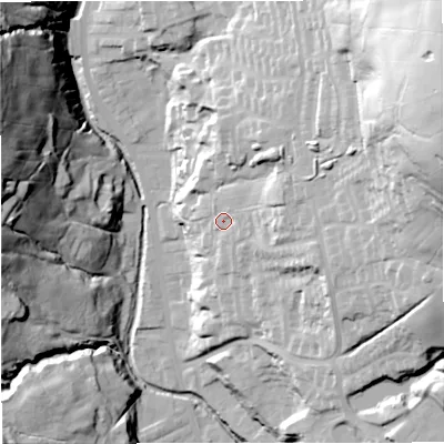 Shaded relief map of the ground around BB48JB, computed from Environment Agency LiDAR. The ground here sits at about 200 m above sea level and falls 84 m across the surrounding 800 m. Surface water reaching this point runs off ground lying to the east-north-east, 56.8 m higher.