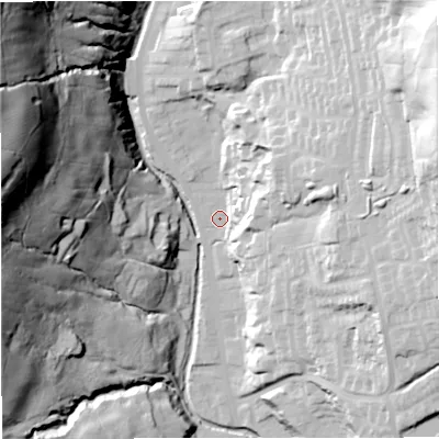 Shaded relief map of the ground around BB48JE, computed from Environment Agency LiDAR. The ground here sits at about 186 m above sea level and falls 103 m across the surrounding 800 m. Surface water reaching this point runs off ground lying to the west-north-west, 93.9 m higher.
