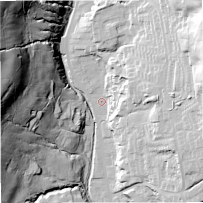 Shaded relief map of the ground around BB48JZ, computed from Environment Agency LiDAR. The ground here sits at about 187 m above sea level and falls 105 m across the surrounding 800 m. Surface water reaching this point runs off ground lying to the north-west, 97.7 m higher.