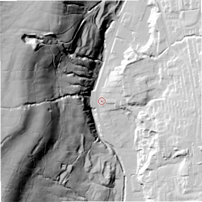Shaded relief map of the ground around BB48LA, computed from Environment Agency LiDAR. The ground here sits at about 191 m above sea level and falls 121 m across the surrounding 800 m. Surface water reaching this point runs off ground lying to the west, 114.4 m higher.
